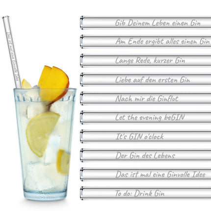 SEO. Gin Cocktail Glasstrohhalme Party Set mit 20 Gin Sprüchen & Zitaten - 20 Glastrinkhalme - 23 cm Linkreich