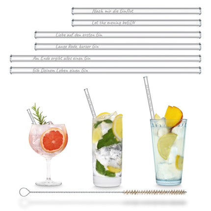 SEO. Gin Edition 6x Glasstrohhalme mit gravierten Gin - Sprüchen in Deutsch 15cm, 20cm und 23cm - 3 Längen (15,20 & 23cm) Linkreich