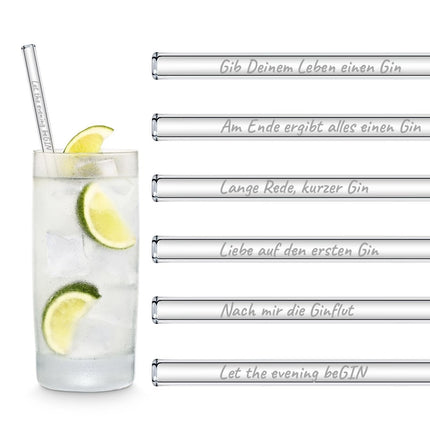 SEO. Gin Edition 6x Glasstrohhalme mit gravierten Gin - Sprüchen in Deutsch 15cm, 20cm und 23cm - 20 cm Linkreich