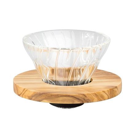 Hario V60-01 Glas-Dripper mit Olivenholz-Basis