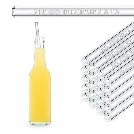 SEO. Glasstrohhalme mit 20 individuellen Namen Text - Gastgeschenk für Hochzeit, Kommunion oder Familienfeier - 27 cm Linkreich
