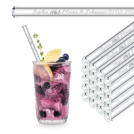 SEO. Glasstrohhalme mit 20 individuellen Namen Text - Gastgeschenk für Hochzeit, Kommunion oder Familienfeier - 20 cm Linkreich