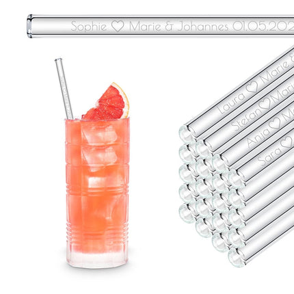 SEO. Glasstrohhalme mit 20 individuellen Namen Text - Gastgeschenk für Hochzeit, Kommunion oder Familienfeier - 23 cm Linkreich