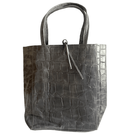 Leder Shopper mit Innentasche Kroko Grau