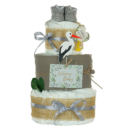 Neutrale Windeltorte Storch mit Bündel | inkl. Babybooties und Mullwindel | grau