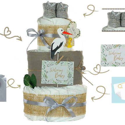 Neutrale Windeltorte Storch mit Bündel | inkl. Babybooties und Mullwindel | grau