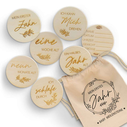 SEO. Gravierte Meilensteinkarten aus Holz - Mein erstes Jahr - mit Stoffbeutel als Geschenk - Linkreich