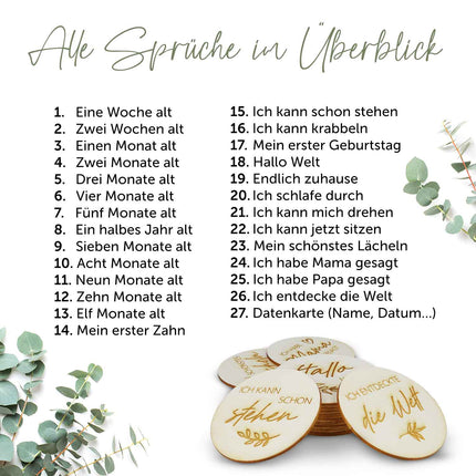 SEO. Gravierte Meilensteinkarten aus Holz - Mein erstes Jahr - mit Stoffbeutel als Geschenk - Linkreich
