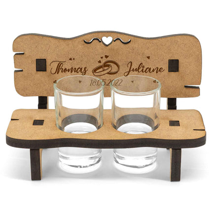 SEO. Gravierte Schnapsbank im Wedding Design mit Namen & Datum + 2 Schnapsgläser - Linkreich