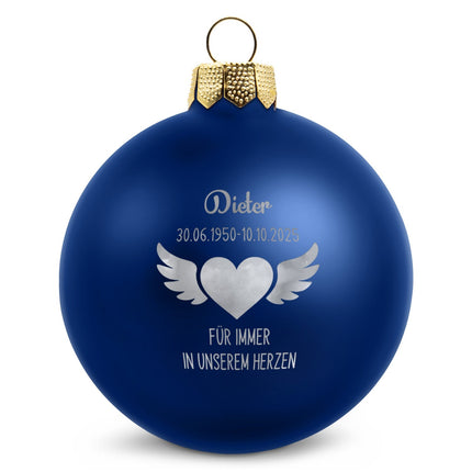SEO. Gravierte Weihnachtskugel - Flügelherz - Blau (matt) Linkreich