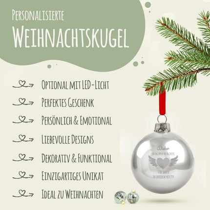 SEO. Gravierte Weihnachtskugel - Flügelherz - Schwarz (matt) Linkreich