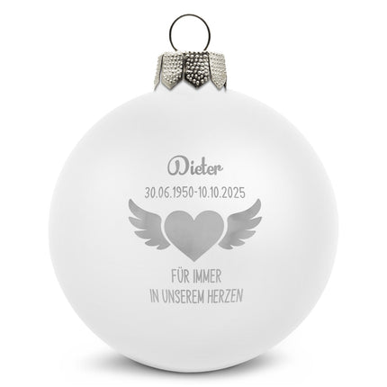 SEO. Gravierte Weihnachtskugel - Flügelherz - Schwarz (matt) Linkreich