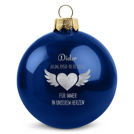 SEO. Gravierte Weihnachtskugel - Flügelherz - Blau (glänzend) Linkreich