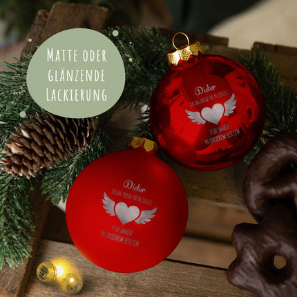 SEO. Gravierte Weihnachtskugel - Flügelherz - Rot (matt) Linkreich