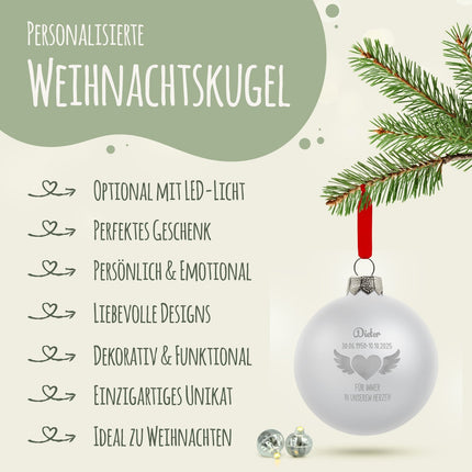 SEO. Gravierte Weihnachtskugel - Flügelherz - Schwarz (matt) Linkreich