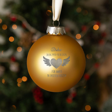 SEO. Gravierte Weihnachtskugel - Flügelherz - Gold (matt) Linkreich