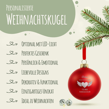 SEO. Gravierte Weihnachtskugel - Flügelherz - Rot (matt) Linkreich