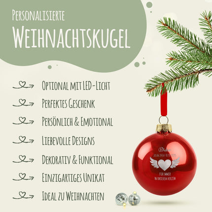 SEO. Gravierte Weihnachtskugel - Flügelherz - Rot (matt) Linkreich