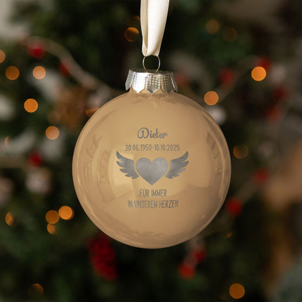 SEO. Gravierte Weihnachtskugel - Flügelherz - Beige (matt) Linkreich