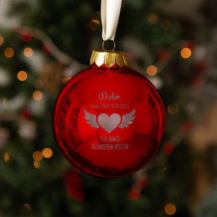 SEO. Gravierte Weihnachtskugel - Flügelherz - Rot (glänzend) Linkreich
