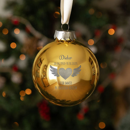 SEO. Gravierte Weihnachtskugel - Flügelherz - Gold (matt) Linkreich