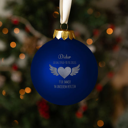 SEO. Gravierte Weihnachtskugel - Flügelherz - Blau (matt) Linkreich