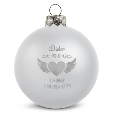 SEO. Gravierte Weihnachtskugel - Flügelherz - Schwarz (matt) Linkreich