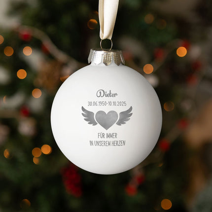 SEO. Gravierte Weihnachtskugel - Flügelherz - Schwarz (matt) Linkreich