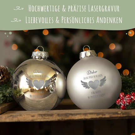 SEO. Gravierte Weihnachtskugel - Flügelherz - Schwarz (matt) Linkreich