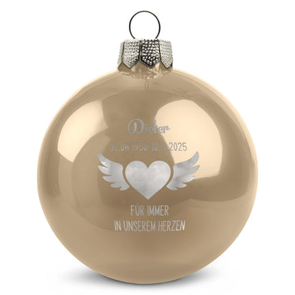 SEO. Gravierte Weihnachtskugel - Flügelherz - Beige (glänzend) Linkreich