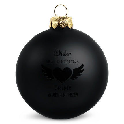 SEO. Gravierte Weihnachtskugel - Flügelherz - Schwarz (matt) Linkreich