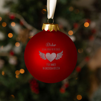 SEO. Gravierte Weihnachtskugel - Flügelherz - Rot (matt) Linkreich