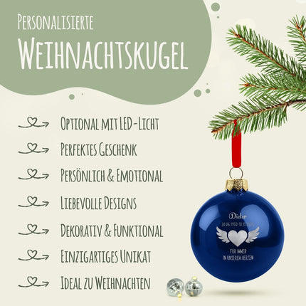 SEO. Gravierte Weihnachtskugel - Flügelherz - Blau (matt) Linkreich