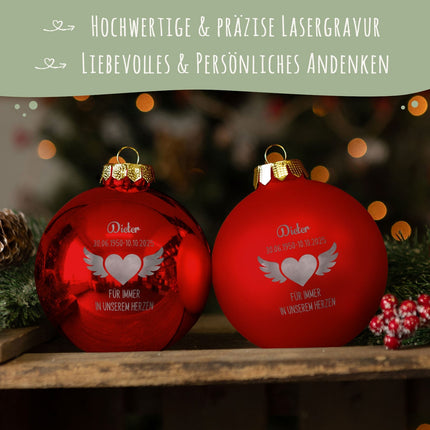 SEO. Gravierte Weihnachtskugel - Flügelherz - Rot (matt) Linkreich