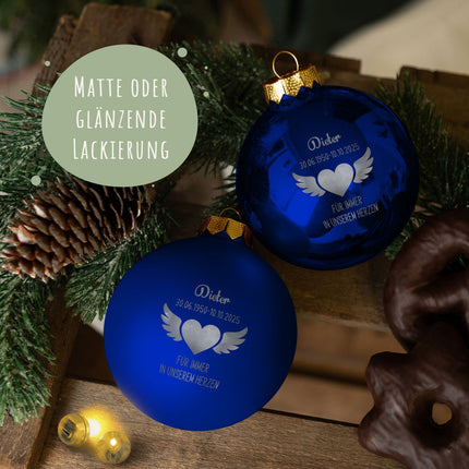 SEO. Gravierte Weihnachtskugel - Flügelherz - Blau (matt) Linkreich