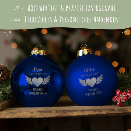 SEO. Gravierte Weihnachtskugel - Flügelherz - Blau (matt) Linkreich