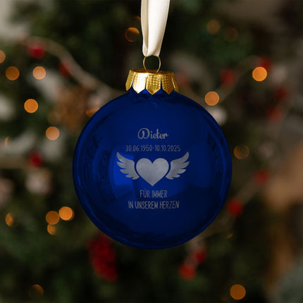 SEO. Gravierte Weihnachtskugel - Flügelherz - Blau (matt) Linkreich