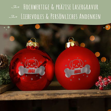 SEO. Gravierte Weihnachtskugel - Haustier - Hund & Katze - Rot (matt) Linkreich
