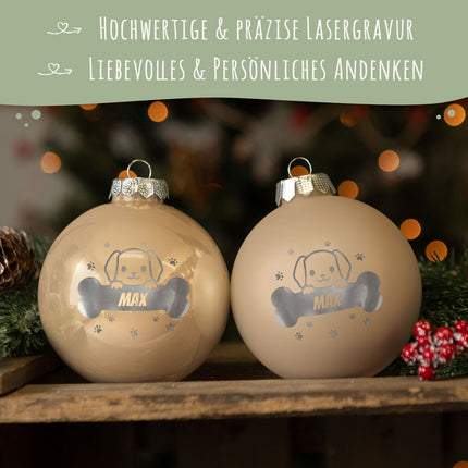 SEO. Gravierte Weihnachtskugel - Haustier - Hund & Katze - Beige (matt) Linkreich