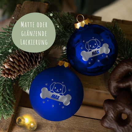 SEO. Gravierte Weihnachtskugel - Haustier - Hund & Katze - Blau (matt) Linkreich