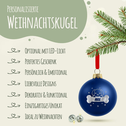 SEO. Gravierte Weihnachtskugel - Haustier - Hund & Katze - Blau (matt) Linkreich