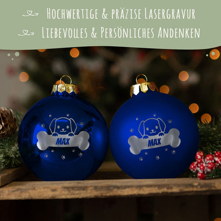 SEO. Gravierte Weihnachtskugel - Haustier - Hund & Katze - Blau (matt) Linkreich