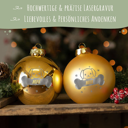 SEO. Gravierte Weihnachtskugel - Haustier - Hund & Katze - Gold (matt) Linkreich