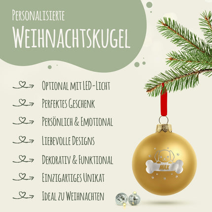 SEO. Gravierte Weihnachtskugel - Haustier - Hund & Katze - Gold (matt) Linkreich