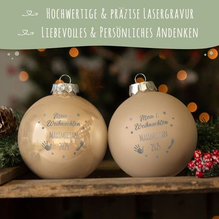 SEO. Gravierte Weihnachtskugel - Mein erstes Weihnachten - Beige (matt) Linkreich