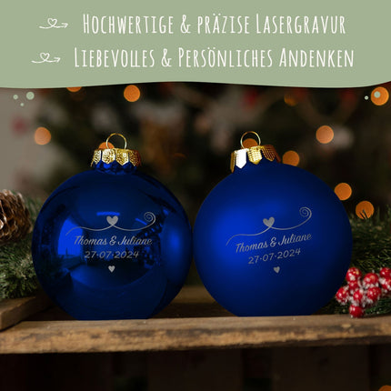 SEO. Gravierte Weihnachtskugel - Paar verliebt - Blau (matt) Linkreich