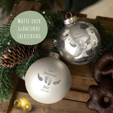 SEO. Gravierte Weihnachtskugel - Sternenkind - Blau (matt) Linkreich