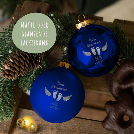 SEO. Gravierte Weihnachtskugel - Sternenkind - Blau (matt) Linkreich