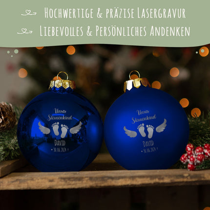 SEO. Gravierte Weihnachtskugel - Sternenkind - Blau (matt) Linkreich