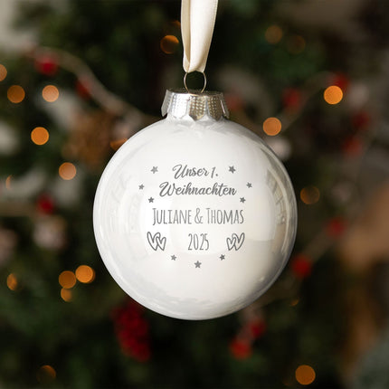 SEO. Gravierte Weihnachtskugel - Unser erstes Weihnachten für Paare - Schwarz (matt) Linkreich